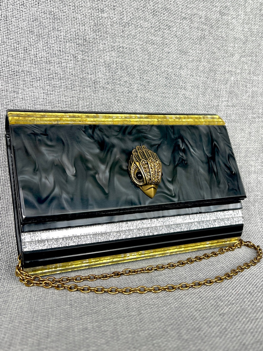 Kurt Geiger Kensington Party Clutch acrylic on chain mother of pearl black gold